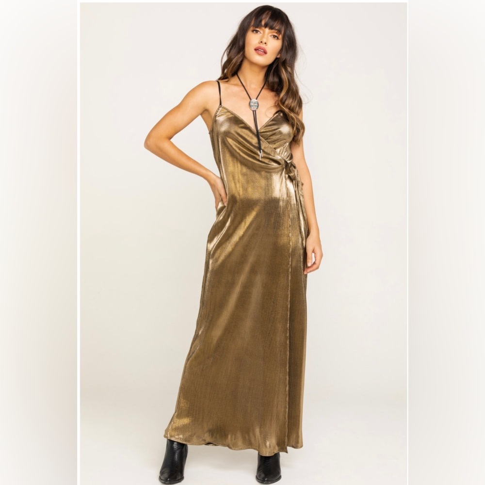 Show Me Your Mumu Dark Gold Sparkly Romper Maxi with Dress Front Tie Detail